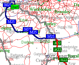 Map of route from Heathrow Airport to East Grinstead near Gatwick Airport